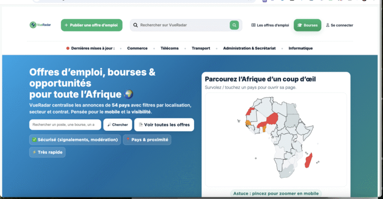 VueRadar – Plateforme d’emplois, bourses et opportunités dans les 54 pays d’Afrique — aperçu du projet