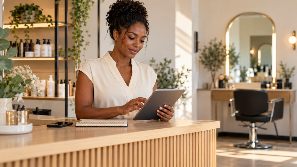 Une gérante de salon consulte une tablette à l’accueil, avec un téléphone et un carnet à proximité.